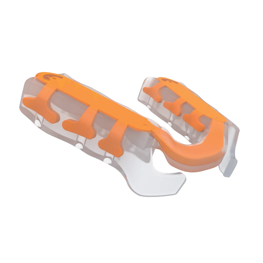 Side view of the Airwaav mouthpiece. It is made of an orange and see through material and is shaped to fit the bottom of the teeth.