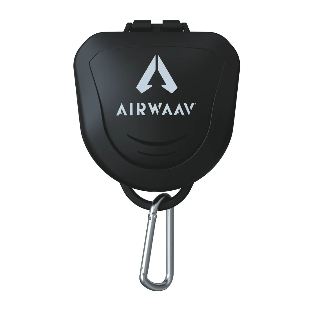 The carry case for the Airwaav PX2. It is black with the Airwaav logo in white text.