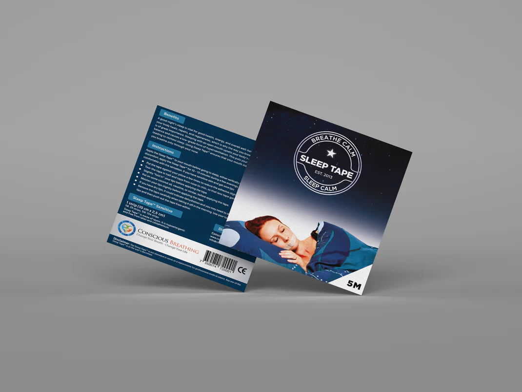 Front and rear view of the Conscious Breathing Sleep Tape. Instructions included but not easily visible in the image.