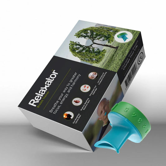 Product image of the relaxator box and product. The product is a blue mouth piece with a green gauge that can be used to change resistance.