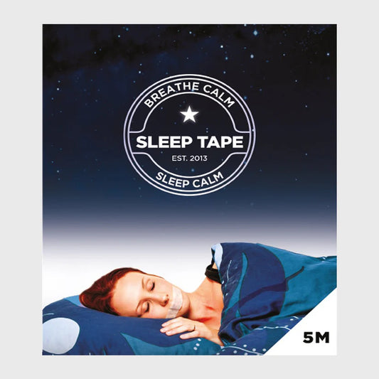 Image of sleep tape packaging with the words "breathe calm, sleep calm." A woman lies in bed with sleep tape on above a starlit sky.