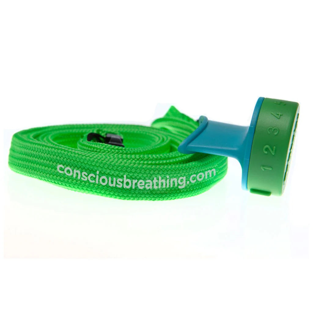 Image of the relaxator breath trainer mouthpiece attached to a green lanyard.